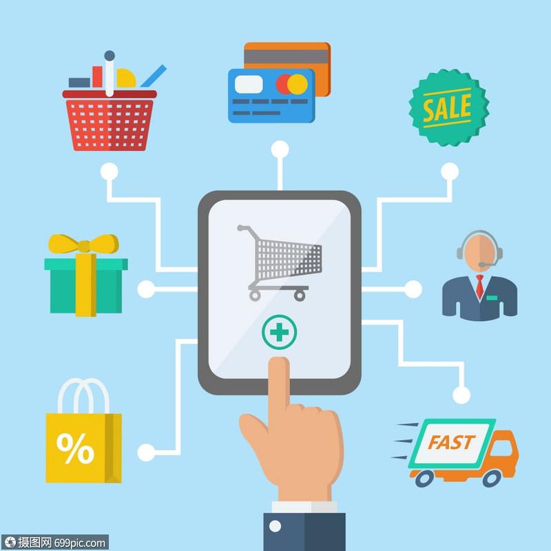 电子商务互联网购物手与移动设备零售图标矢量插图象形图运货马车
